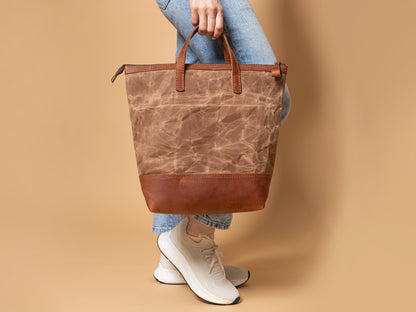 Light Brown Shopping Bag - Backpack Canvas + Leather