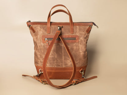 Light Brown Shopping Bag - Backpack Canvas + Leather