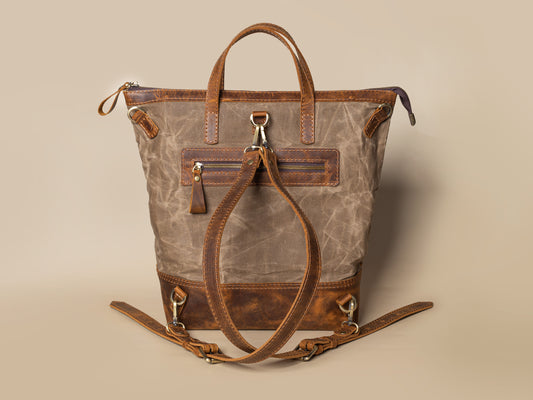 Khaki Shopper bag - backpack Canvas + Leather